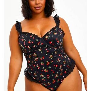 Black cherries ruffle trim back box underwire bodysuit size 3